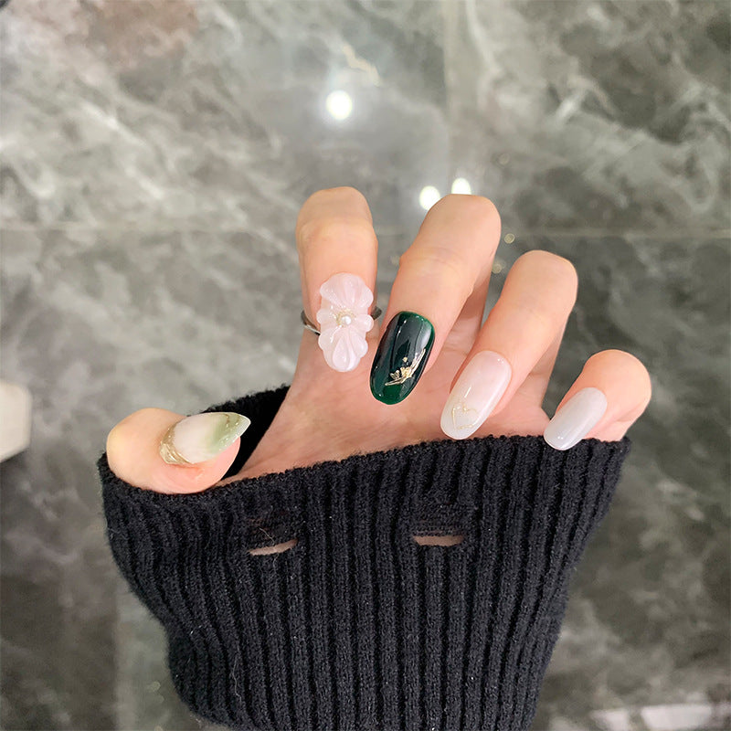 Medium Oval Deep Green Gradient & High-End Hand-Sculpted Flower Handmade Press-On Nails | Removable and Reusable | Free Tool Kit Included