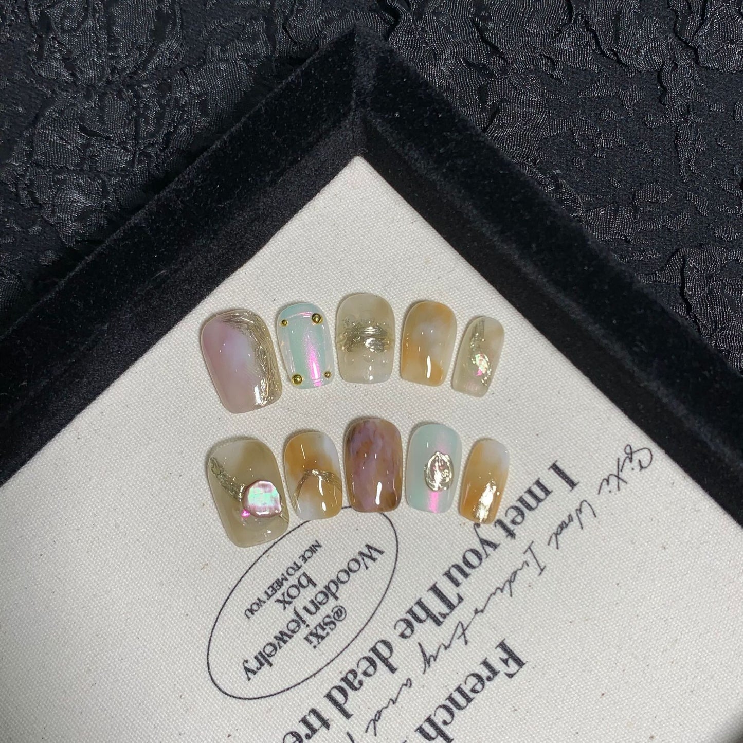 Ultra Short Square-Round Milk Tea Coffee Caramel & Hand-Painted Press-On Nails | Removable & Reusable | Free Tool Kit Included