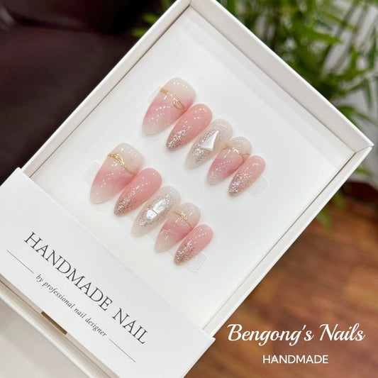 Pearl Mirage – Pink Watercolor Almond  Handmade Press-On Nails  | Removable and Reusable | Free Tool Kit Included