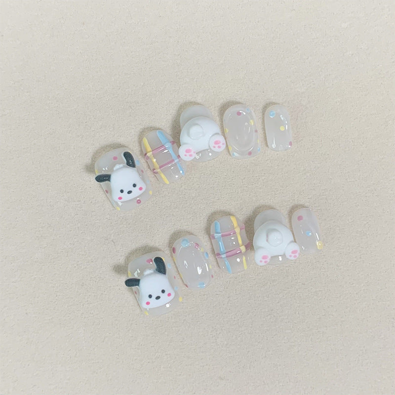 Short Square 3D Cute Pochacco Handmade Press-On Nails | Detachable and Reusable | Free Toolkit Included