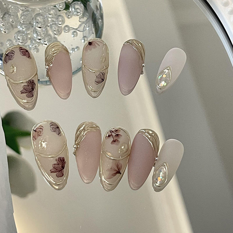 Medium Almond Pink Matte Mirror Powder & French Hand-Painted Flower Design Handmade Press-On Nails | Removable & Reusable | Free Tool Kit Included