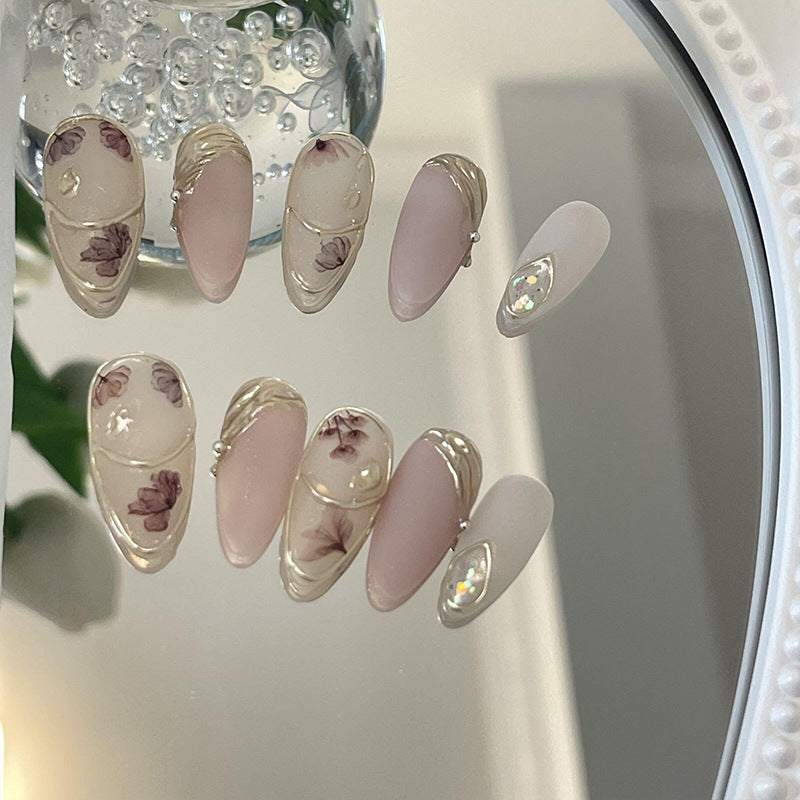 Medium Almond Pink Matte Mirror Powder & French Hand-Painted Flower Design Handmade Press-On Nails | Removable & Reusable | Free Tool Kit Included