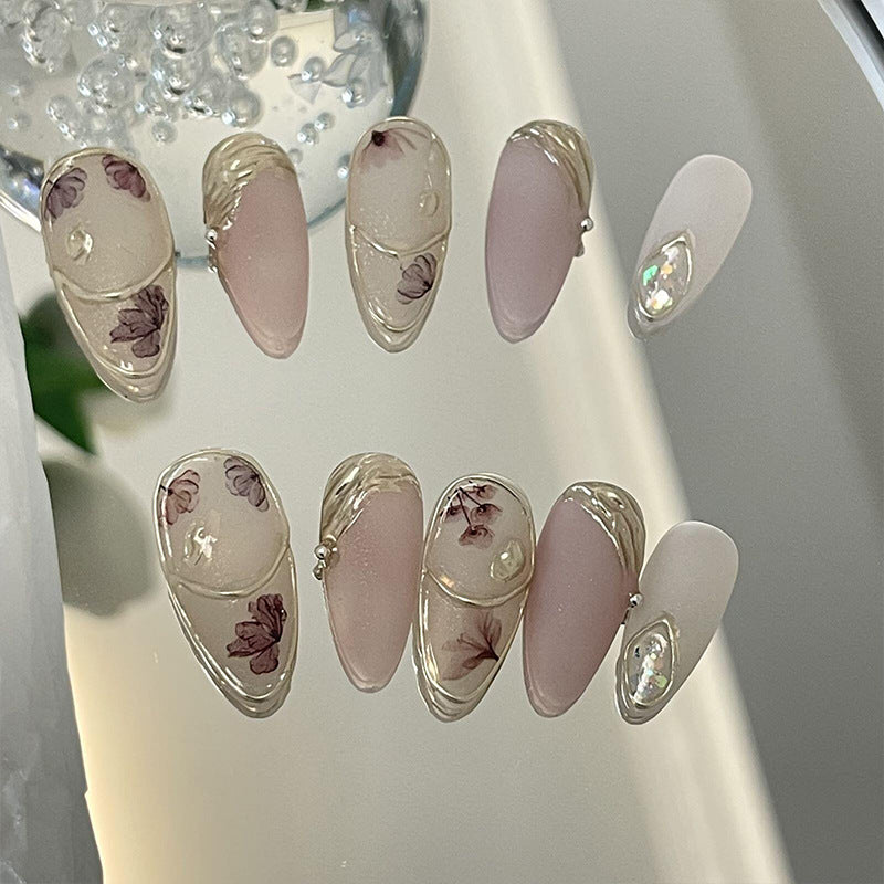 Medium Almond Pink Matte Mirror Powder & French Hand-Painted Flower Design Handmade Press-On Nails | Removable & Reusable | Free Tool Kit Included