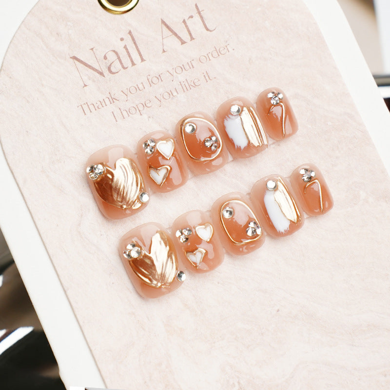 Ultra-Short Square Icy Transparent Coffee Ombre with Heart Stickers Handmade Press-On Nails | Removable and Reusable | Free Tool Kit Included