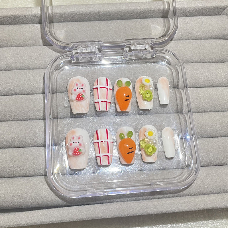 Medium Coffin Pink French Tip & Carrot-Eating Bunny Handmade Press-On Nails | Removable and Reusable | Free Tool Kit Included