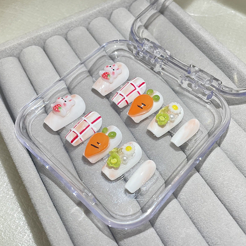 Medium Coffin Pink French Tip & Carrot-Eating Bunny Handmade Press-On Nails | Removable and Reusable | Free Tool Kit Included