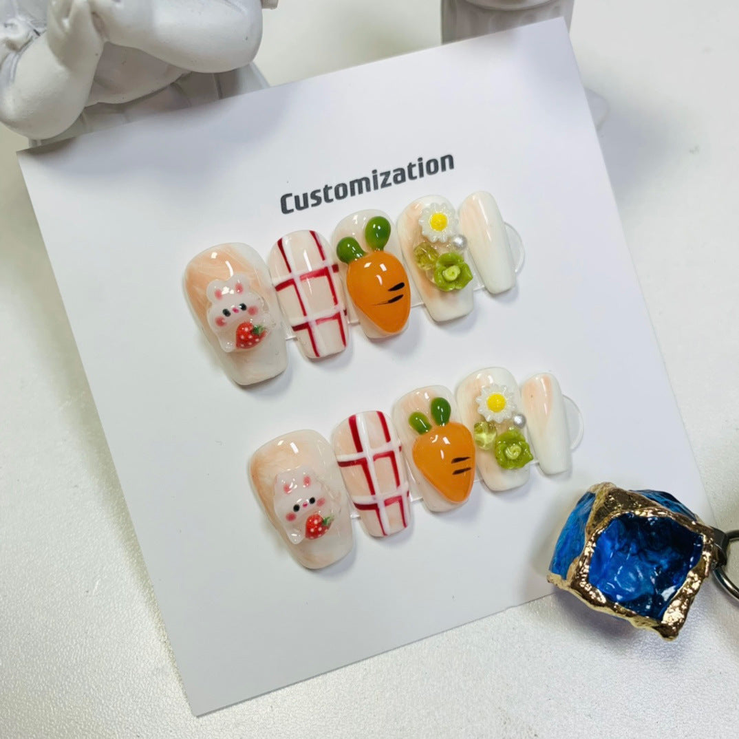 Medium Coffin Pink French Tip & Carrot-Eating Bunny Handmade Press-On Nails | Removable and Reusable | Free Tool Kit Included
