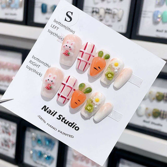 Medium Coffin Pink French Tip & Carrot-Eating Bunny Handmade Press-On Nails | Removable and Reusable | Free Tool Kit Included