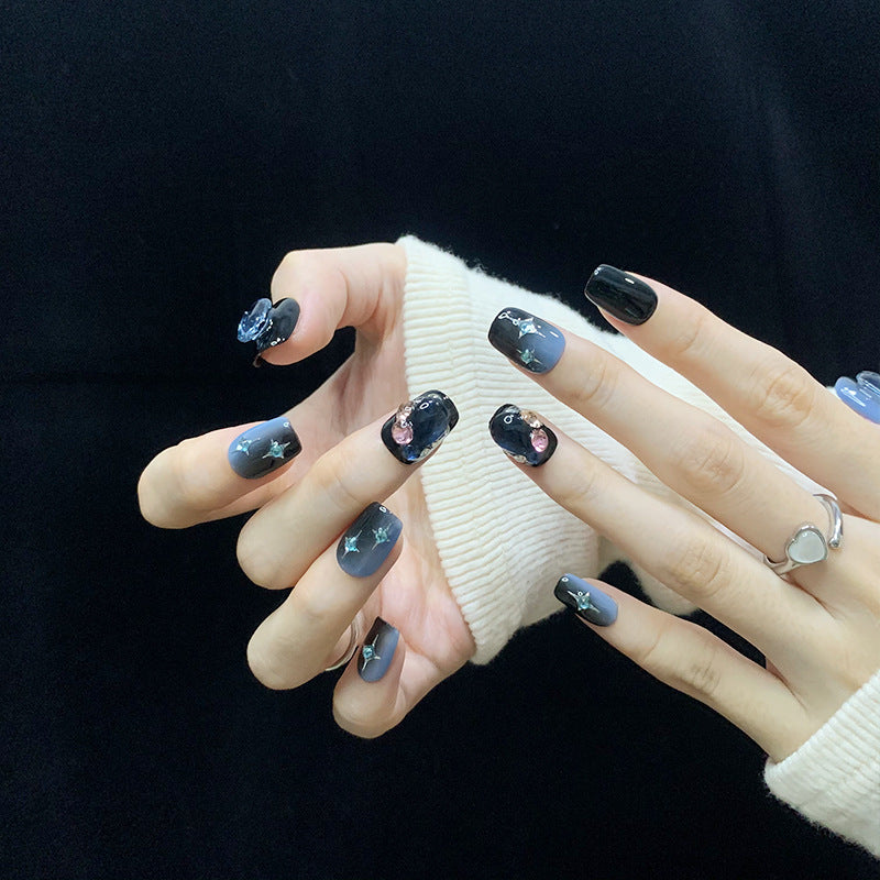 Short Coffin Ombre Dark Blue Cat Eye & Gemstone Accents Handmade Press-On Nails | Removable and Reusable | Free Tool Kit Included