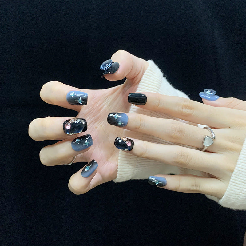 Short Coffin Ombre Dark Blue Cat Eye & Gemstone Accents Handmade Press-On Nails | Removable and Reusable | Free Tool Kit Included
