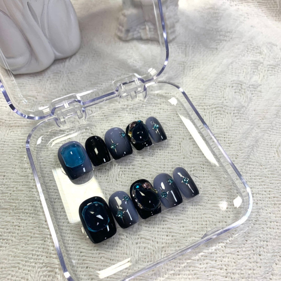 Short Coffin Ombre Dark Blue Cat Eye & Gemstone Accents Handmade Press-On Nails | Removable and Reusable | Free Tool Kit Included