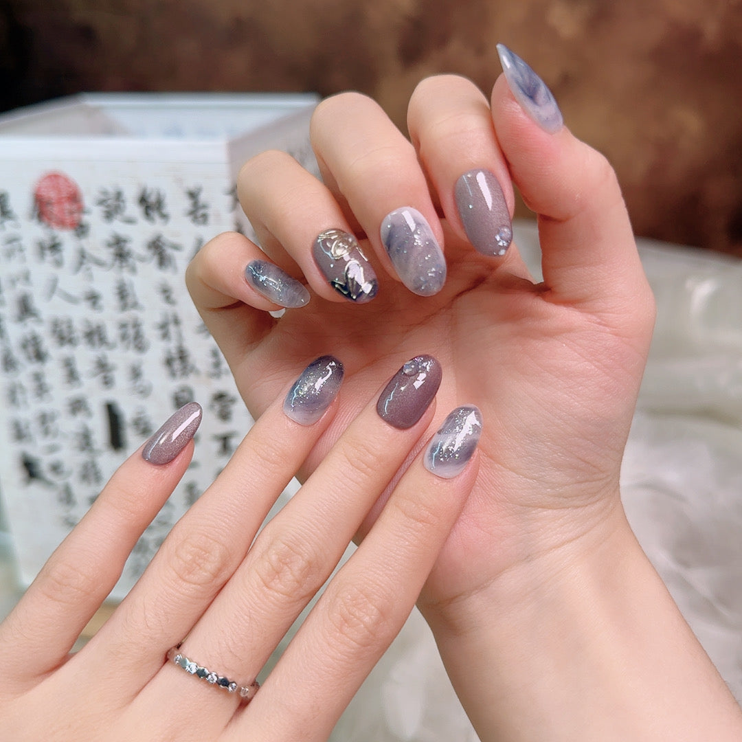 Ash Petal Art Handmade Press-On Nails | Medium Oval | Removable and Reusable | Free Tool Kit Included