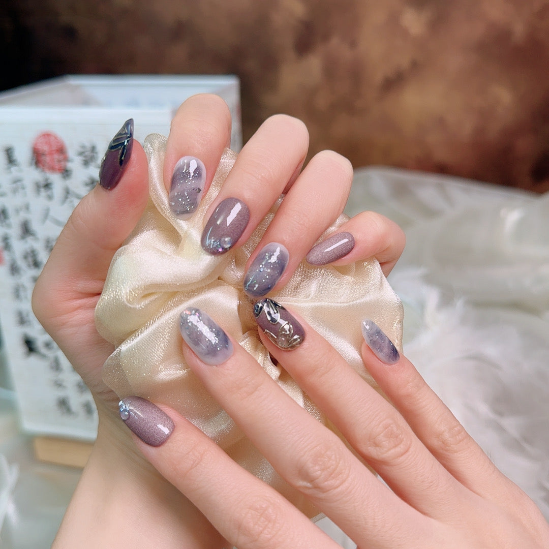 Ash Petal Art Handmade Press-On Nails | Medium Oval | Removable and Reusable | Free Tool Kit Included