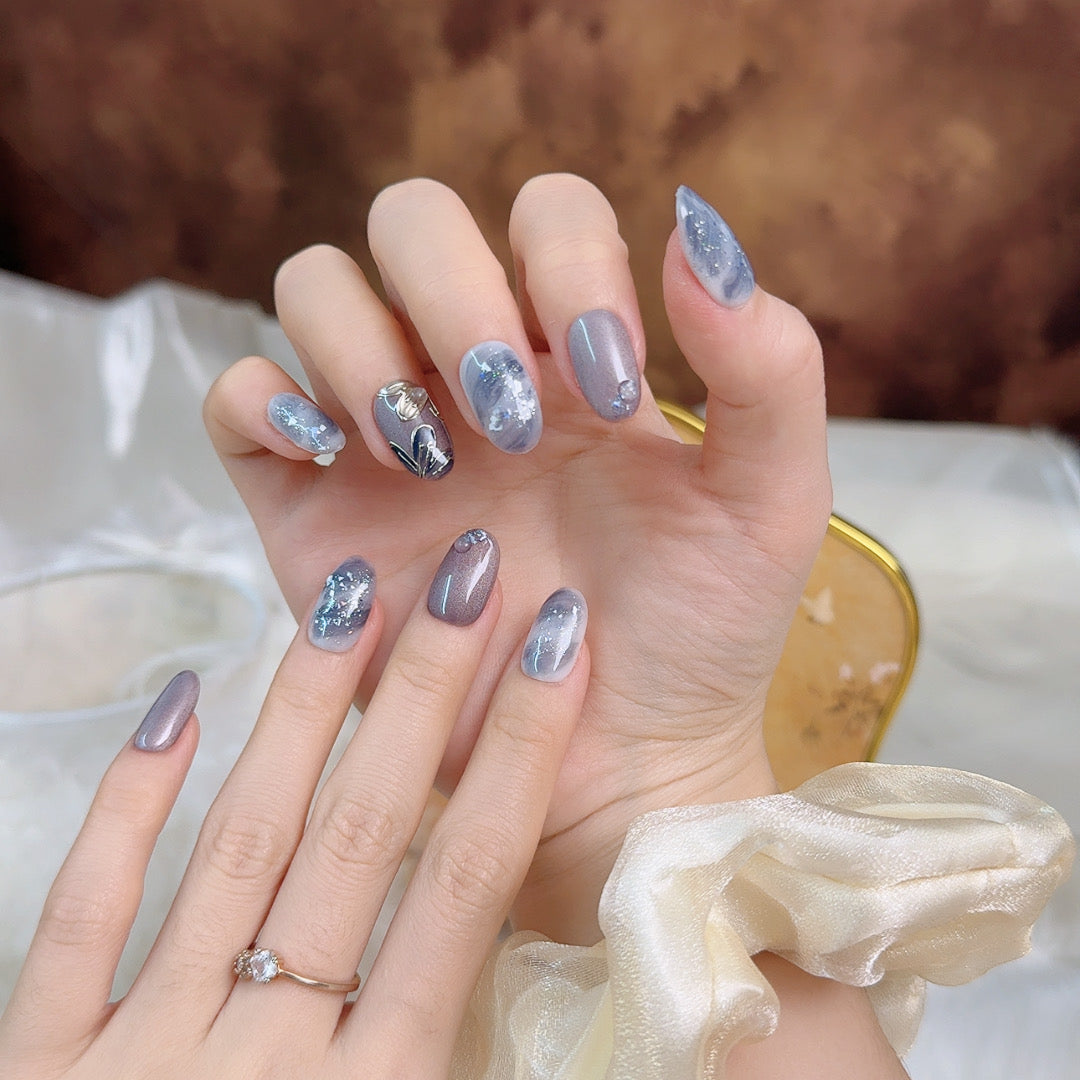 Ash Petal Art Handmade Press-On Nails | Medium Oval | Removable and Reusable | Free Tool Kit Included