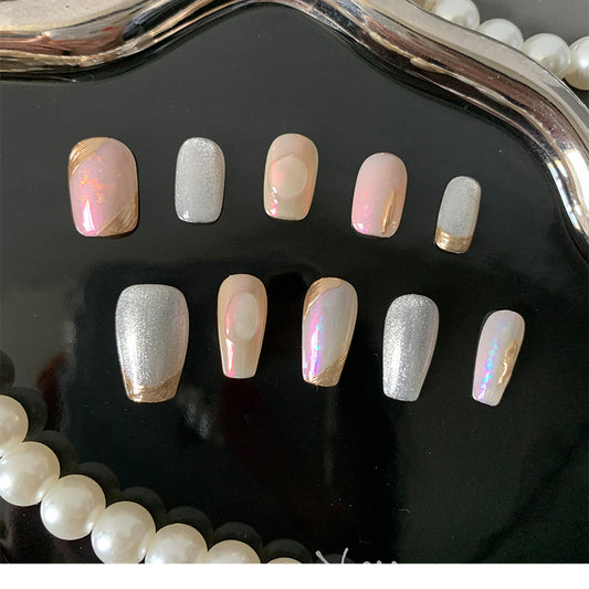 2 Shapes Pearlescent and Silver Combined Nails with Gold Outline Lines Handmade Press-On Nails | Removable and Reusable | Free Tool Kit Included