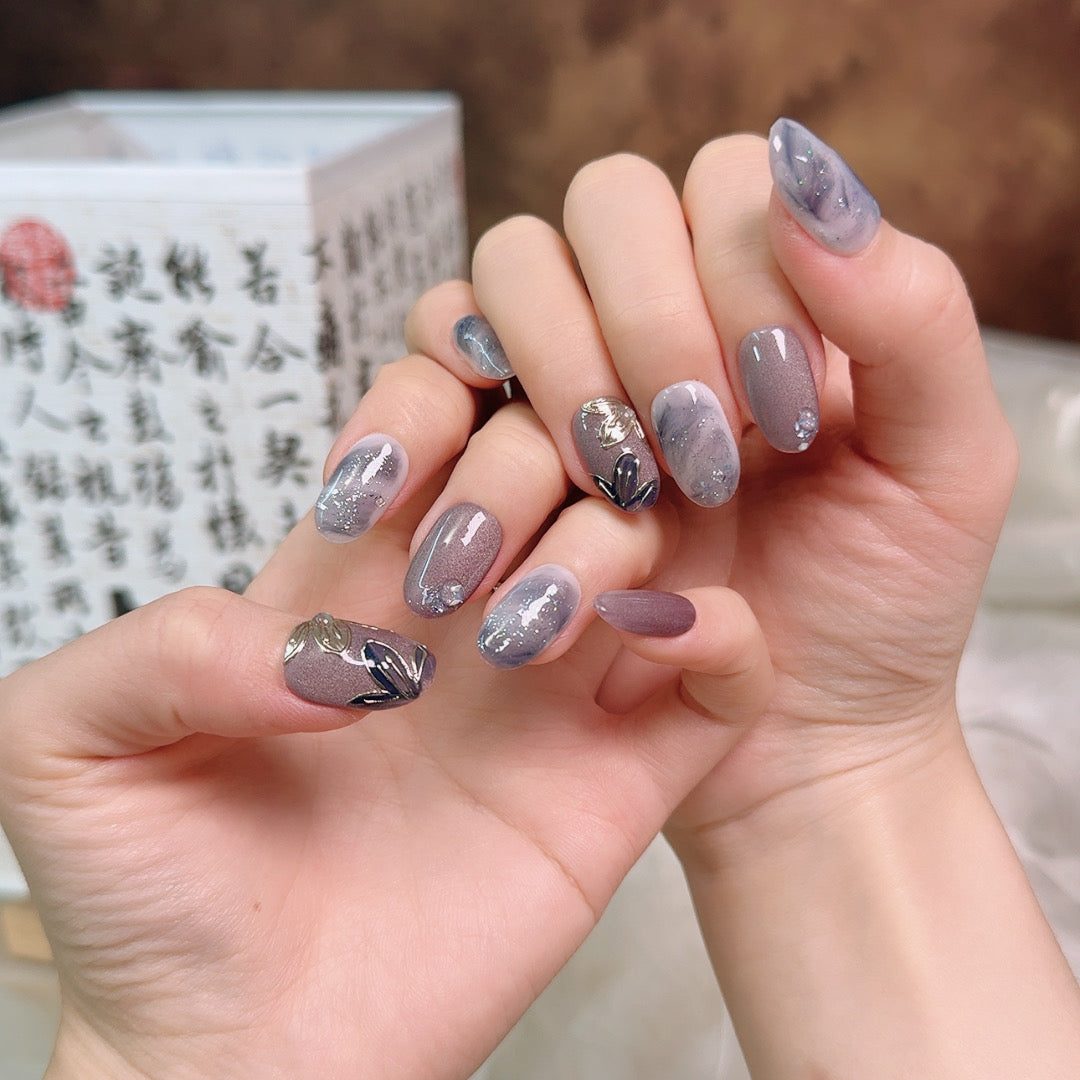 Ash Petal Art Handmade Press-On Nails | Medium Oval | Removable and Reusable | Free Tool Kit Included