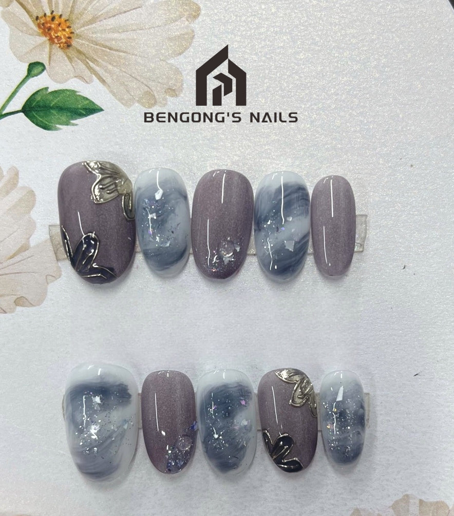 Ash Petal Art Handmade Press-On Nails | Medium Oval | Removable and Reusable | Free Tool Kit Included