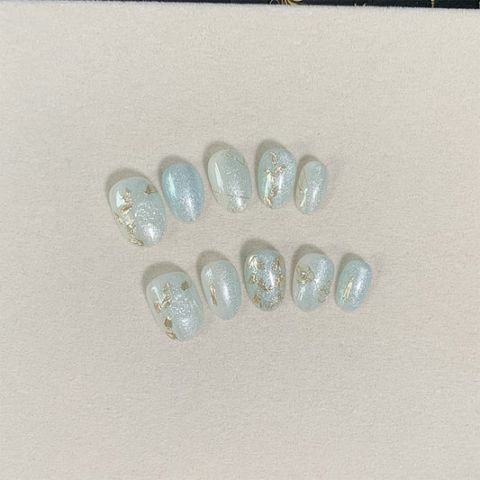 Ultra Short Oval Azure Coast & Gilded Leaves Handmade Press-On Nails | Removable & Reusable | Free Tool Kit Included