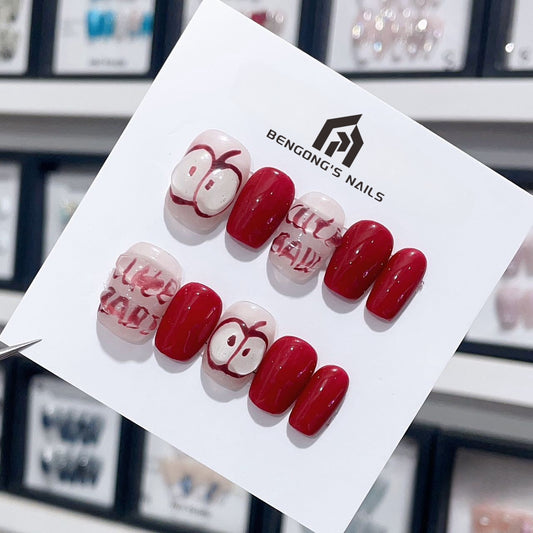 Ultra-Short Round Hand-Painted Christmas Eve Red Apples | Handmade Press-On Nails | Removable & Reusable with Free Tool Kit