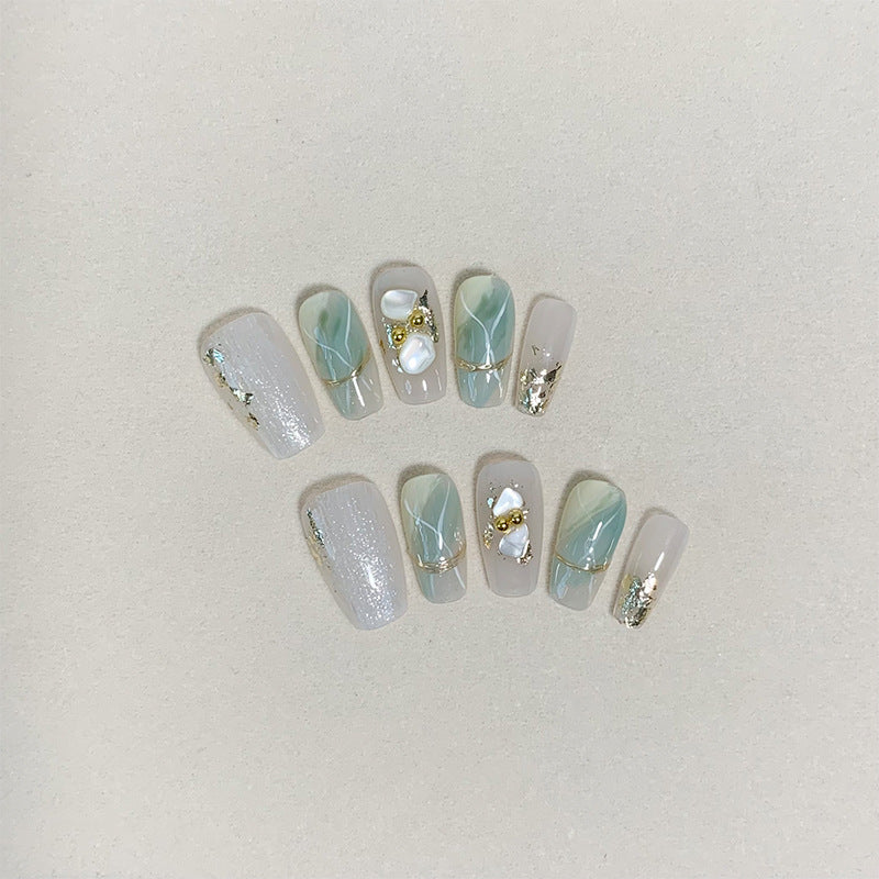 Medium Coffin Ethereal Jade Gradient Handmade Press-On Nails | Removable and Reusable | Free Tool Kit Included