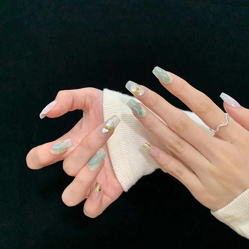 Medium Coffin Ethereal Jade Gradient Handmade Press-On Nails | Removable and Reusable | Free Tool Kit Included