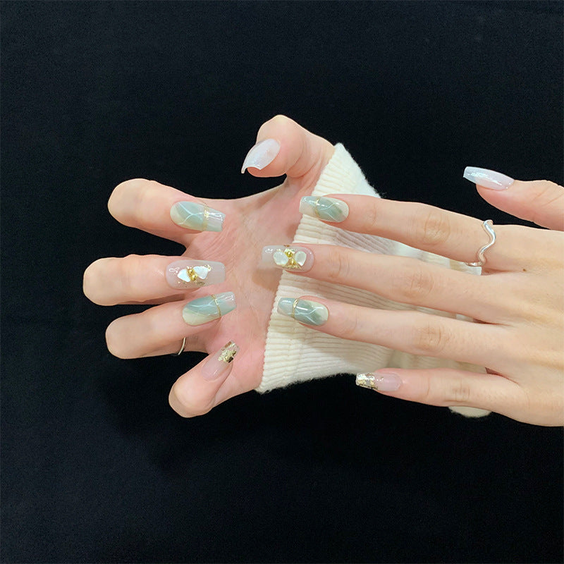 Medium Coffin Ethereal Jade Gradient Handmade Press-On Nails | Removable and Reusable | Free Tool Kit Included