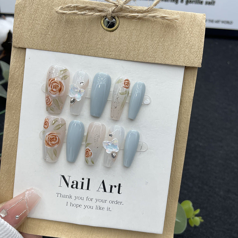 Long Coffin Light Blue Hand-Painted Rose Press-On Nails | Removable and Reusable | Free Tool Kit Included