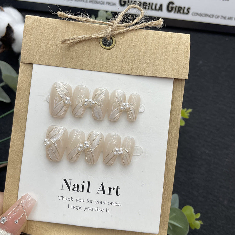 Medium Coffin Nude Cat Eye Ribbon with Small Pearl Accents Handmade Press-On Nails | Removable and Reusable | Free Tool Kit Included