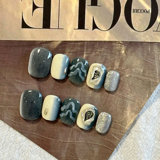 Ultra Short Square-Round Color-Block Hand-Painted Handmade Press-On Nails | Removable & Reusable | Free Tool Kit Included