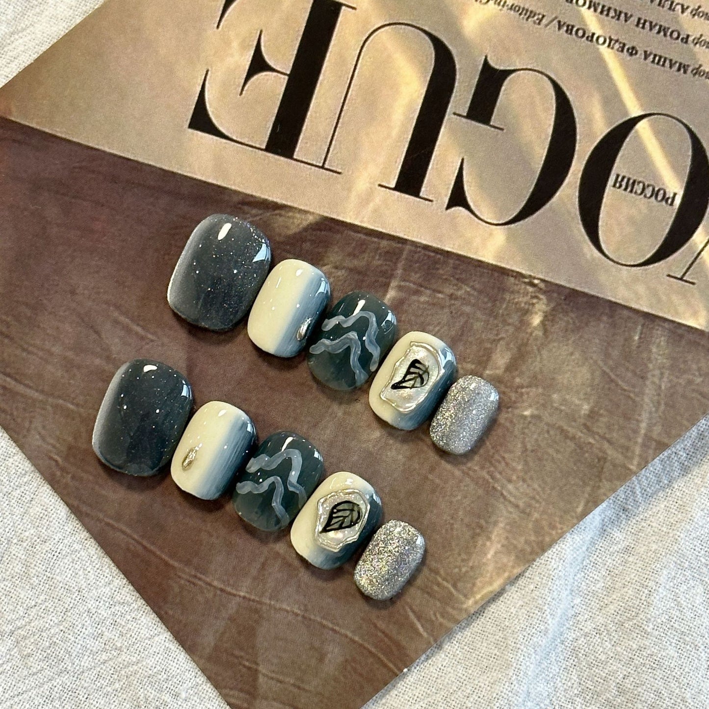 Ultra Short Square-Round Color-Block Hand-Painted Handmade Press-On Nails | Removable & Reusable | Free Tool Kit Included