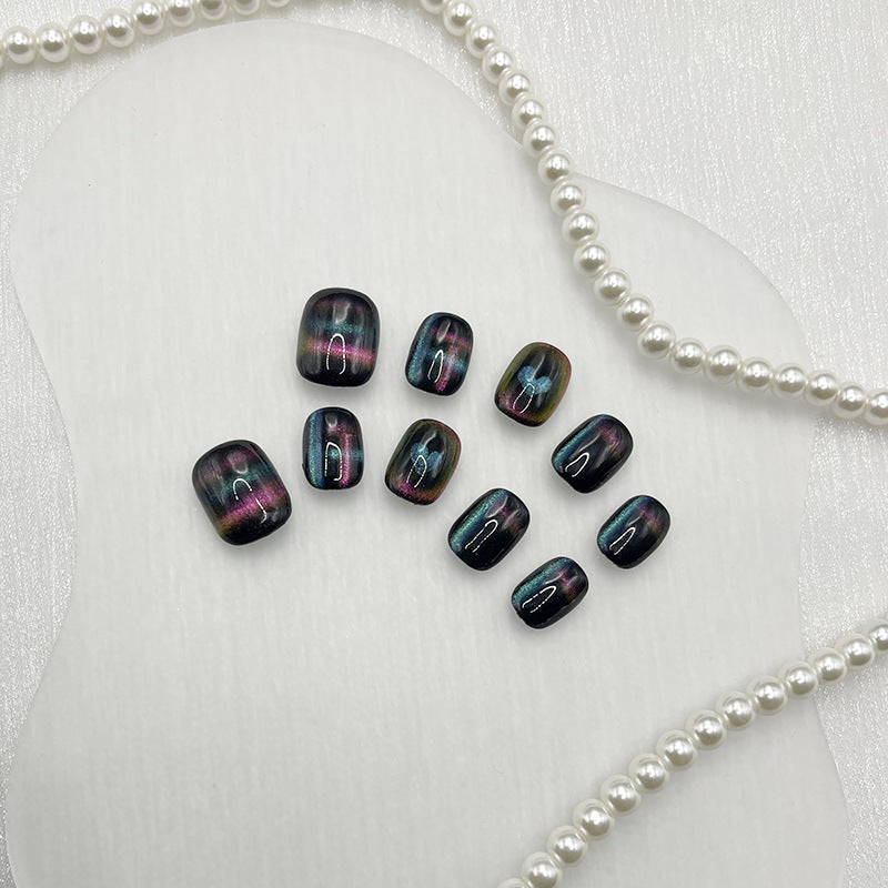 Super Short Round Dark Multicolor Cat Eye & Blue Heart Halo Handmade Press-On Nails | Removable and Reusable | Free Tool Kit Included