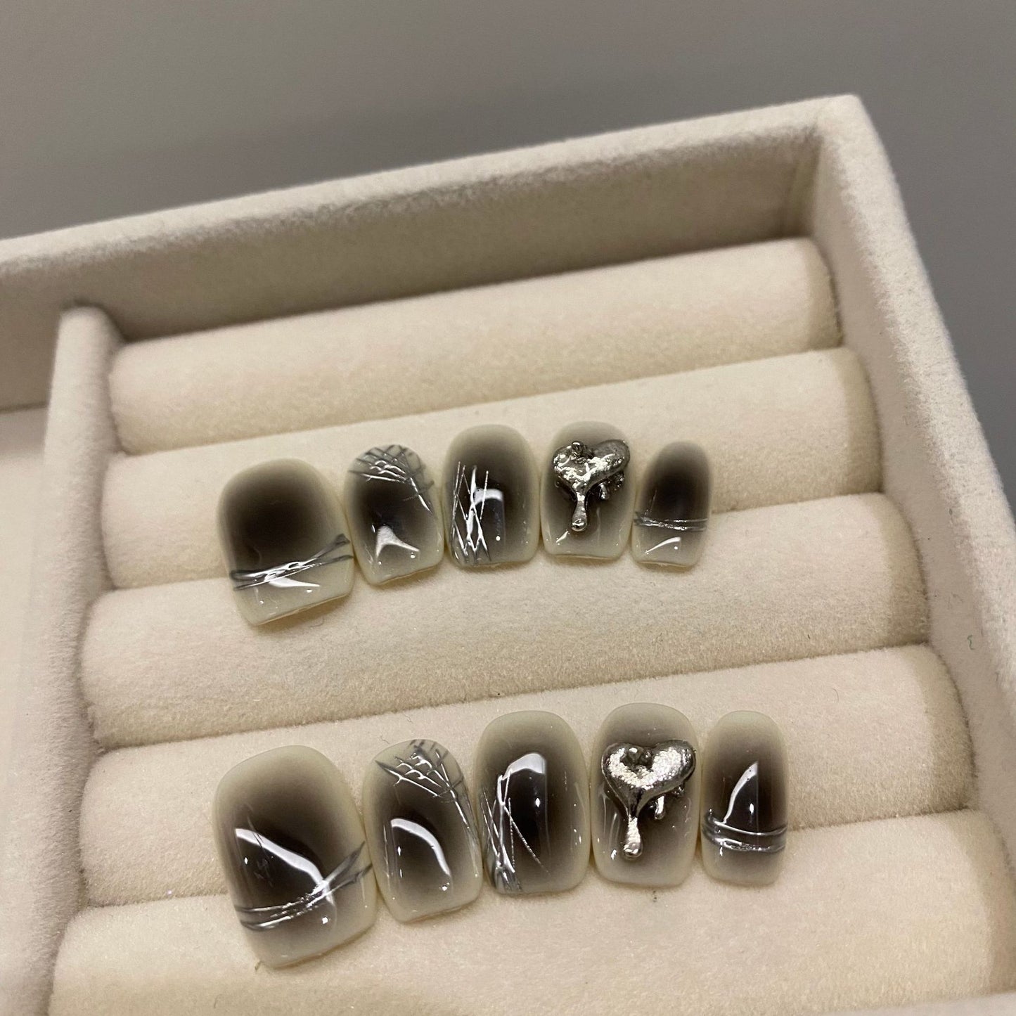 Short Square Black Gradient with Silver Lines & 3D Heart Accents Handmade Press-On Nails | Removable and Reusable | Free Tool Kit Included