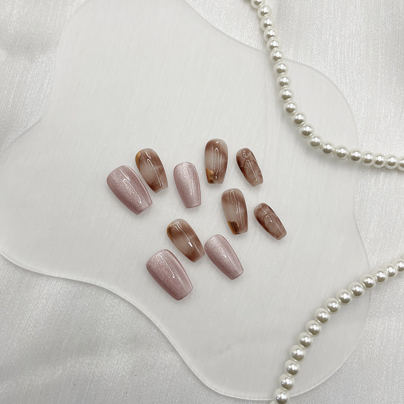 Medium Coffin Gradient Gilded Coffee & Coffee Pink Cat Eye Handmade Press-On Nails | Removable and Reusable | Free Tool Kit Included