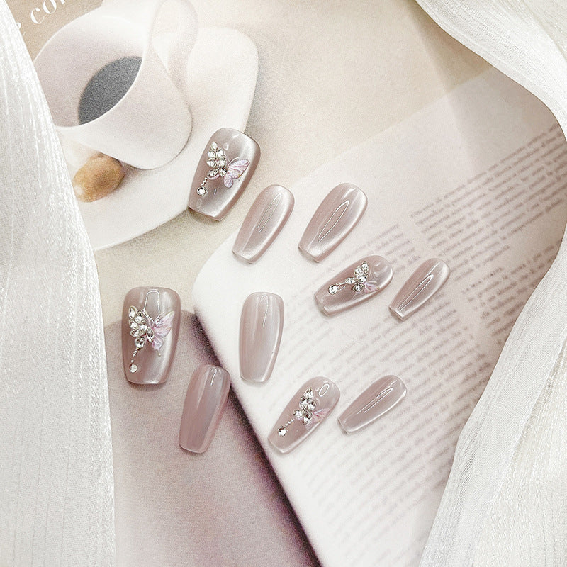 Medium Coffin Pink-Gray Cat Eye & Hand-Painted Butterfly Handmade Press-On Nails | Removable and Reusable | Free Tool Kit Included