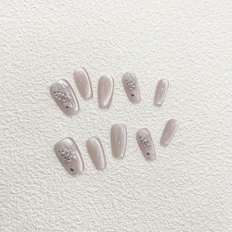 Medium Coffin Pink-Gray Cat Eye & Hand-Painted Butterfly Handmade Press-On Nails | Removable and Reusable | Free Tool Kit Included