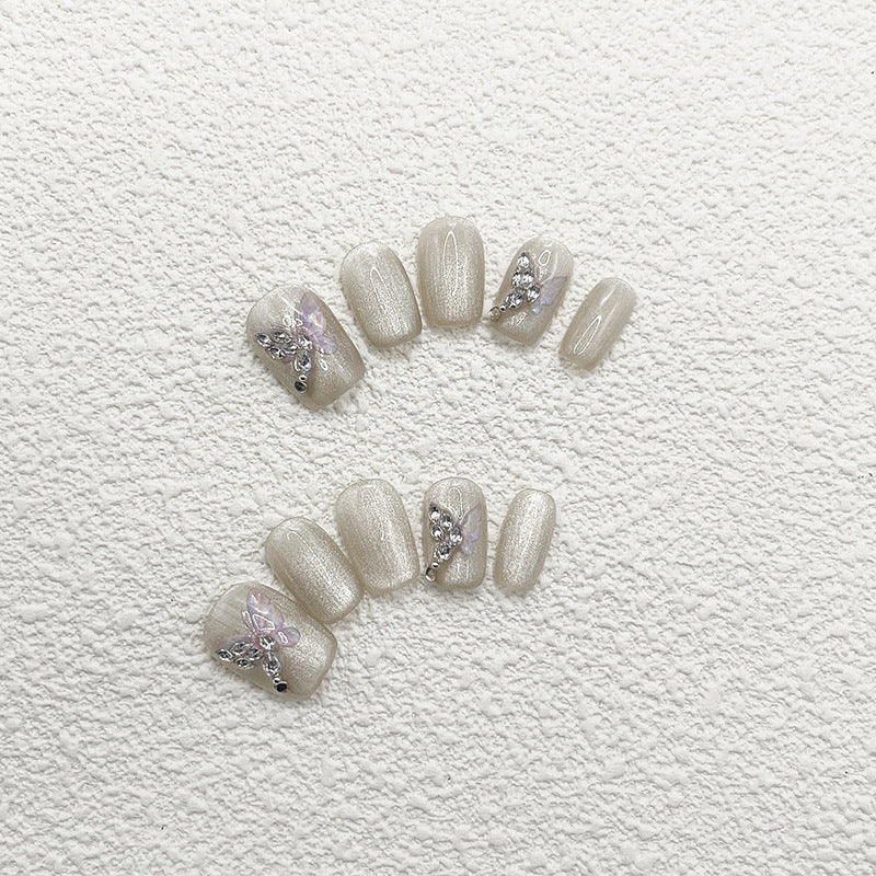 Ultra-Short Coffin Silver Gray Cat Eye & Hand-Painted Butterfly Handmade Press-On Nails | Removable and Reusable | Free Tool Kit Included