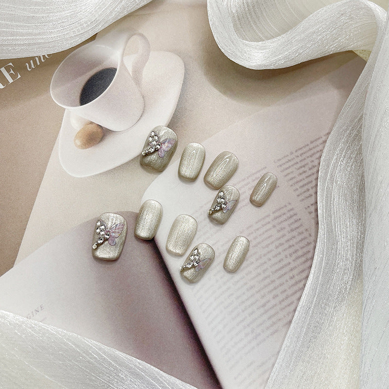 Ultra-Short Coffin Silver Gray Cat Eye & Hand-Painted Butterfly Handmade Press-On Nails | Removable and Reusable | Free Tool Kit Included