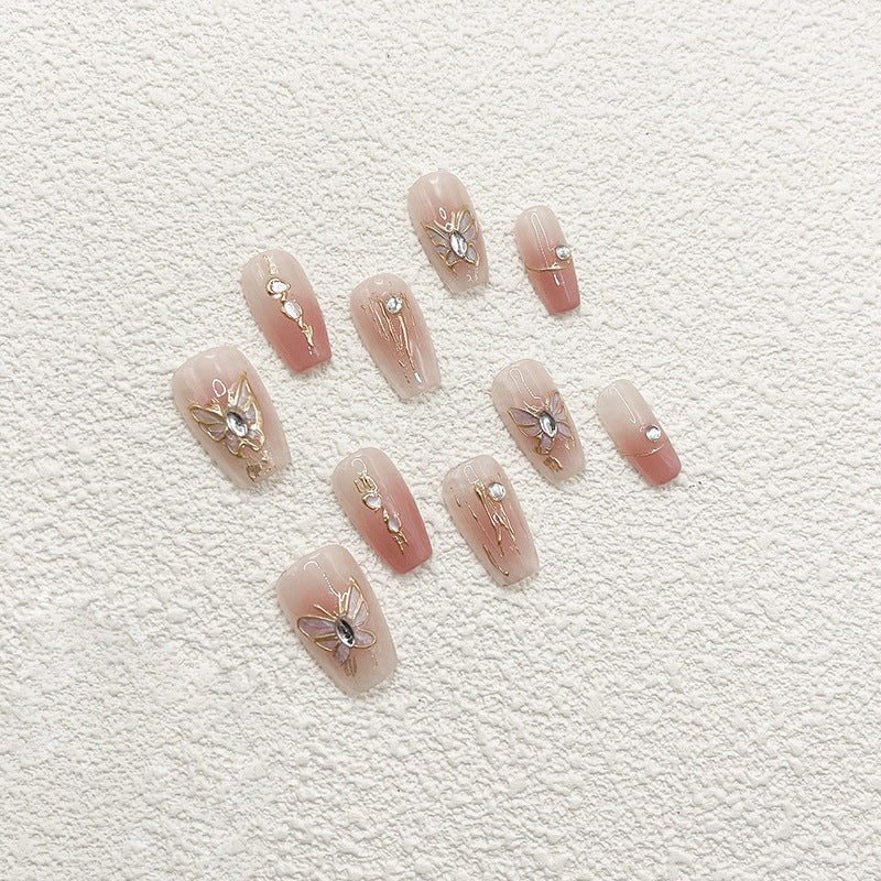 Medium Coffin Pink Ombre Hand-Painted Butterfly Handmade Press-On Nails | Removable and Reusable | Free Tool Kit Included