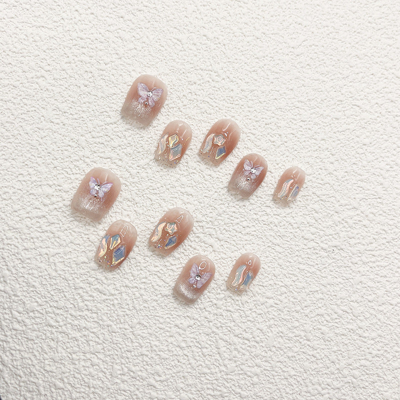 Short Square Ombre Nude Cat Eye Embossed Butterfly Press-On Nails | Removable and Reusable | Free Tool Kit Included