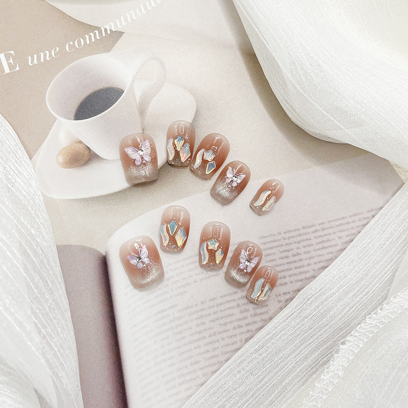 Short Square Ombre Nude Cat Eye Embossed Butterfly Press-On Nails | Removable and Reusable | Free Tool Kit Included