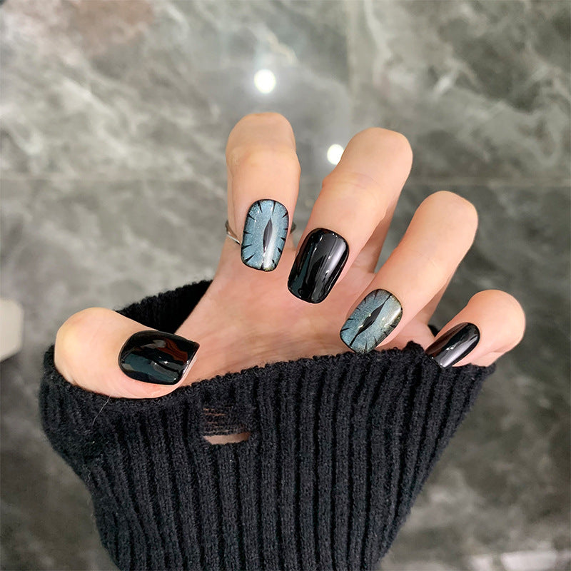 Ultra-Short Square Black Cat Eye and Blue Evil Eye Handmade Press-On Nails | Removable and Reusable | Free Tool Kit Included