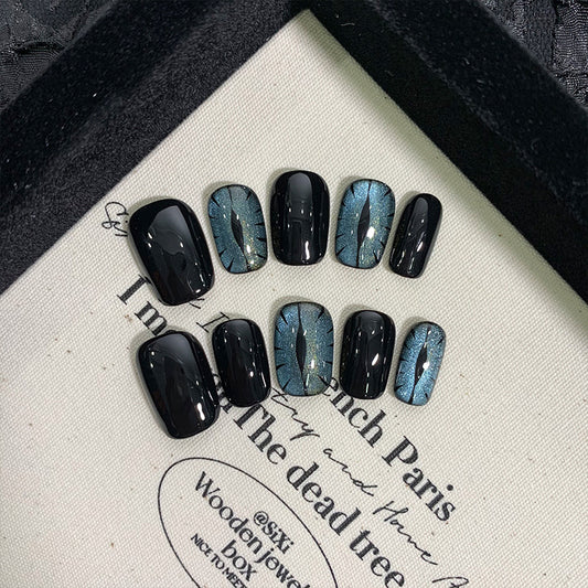 Ultra-Short Square Black Cat Eye and Blue Evil Eye Handmade Press-On Nails | Removable and Reusable | Free Tool Kit Included