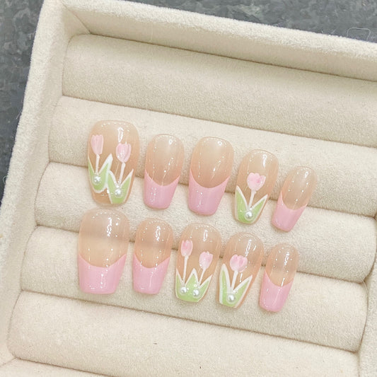 Medium Coffin Pink French & Dreamy Garden Tulip Handmade Press-On Nails | Removable and Reusable | Free Tool Kit Included
