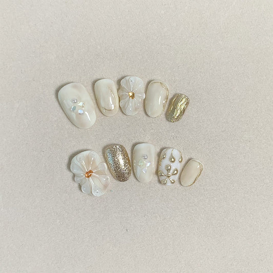 Short Oval Milk Tea Color & Water Drop Marbling Handmade Press-On Nails | Removable & Reusable | Free Tool Kit Included