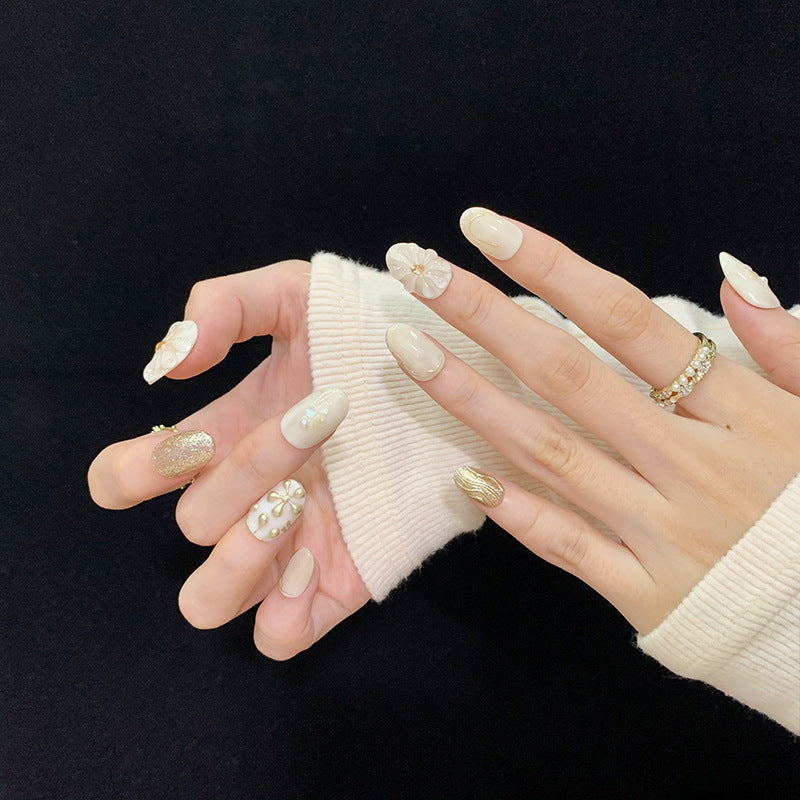 Short Oval Milk Tea Color & Water Drop Marbling Handmade Press-On Nails | Removable & Reusable | Free Tool Kit Included