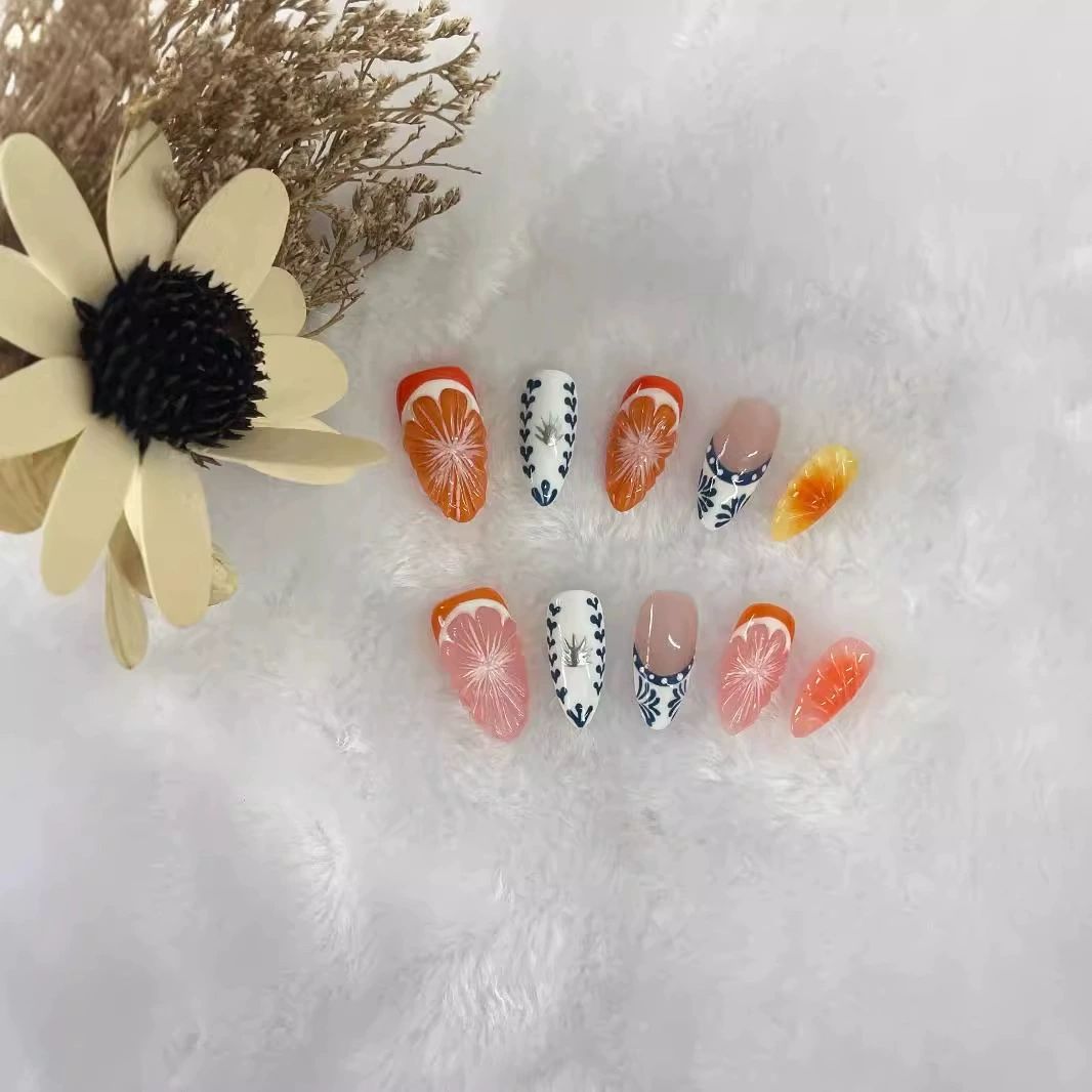 Medium Almond-Shaped Fruit Squishies & Hand-Painted Chinese Cloisonné-Inspired Handmade Press-On Nails| Removable and Reusable | Free Tool Kit Included