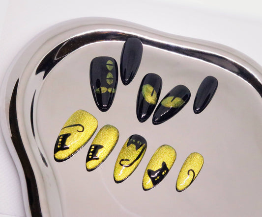 Yellow paired with an adorable black kitten Press On Nails |Sassy Dark Green Cat Eye Handmade Nails|Free Tool Kit Set Included