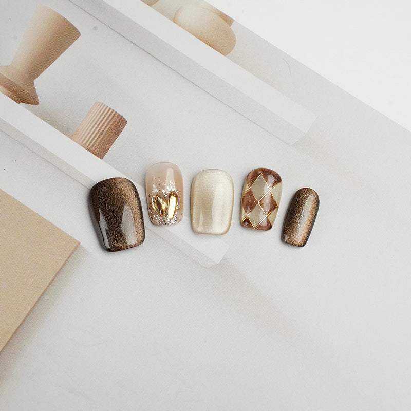 Handcrafted Short Square Cat Eye Nails – Coffee Checkerboard Design | Handmade Press-On Nails |Removable and Reusable | Free Tool Kit Included