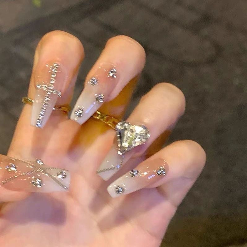 White French & Gradient Press On Nails | Heart Chain & Small Diamond Handmade Nails|Free Tool Kit Set Included