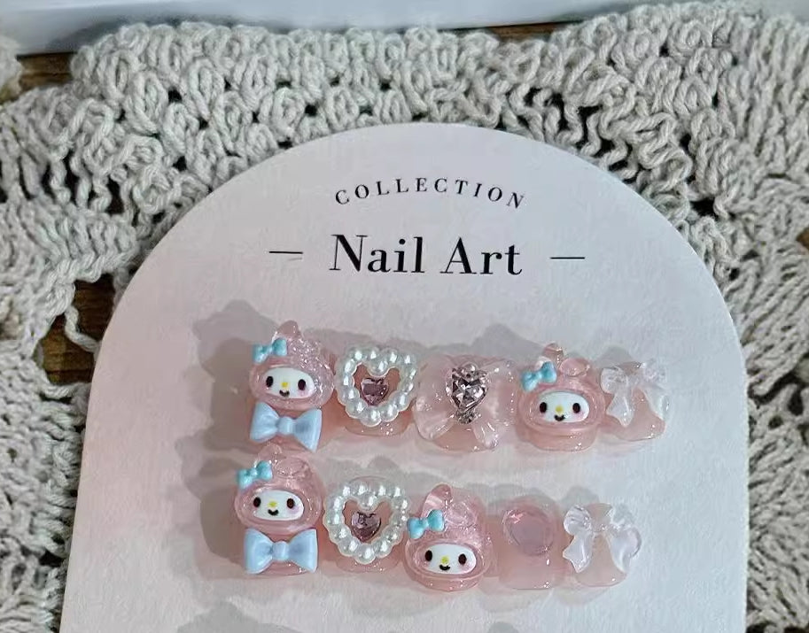 3 Shape Cartoon Dopamine Cute Girl Press On Nails | Kawaii Melody Handmade Nails | Four Types of Nail Shapes|Free Tool Kit Set Included